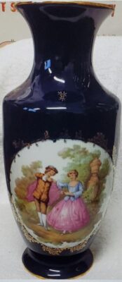 Victorian Scene Florance Limoges Handcrafted Cobalt Blue Porcelain Vase Couple